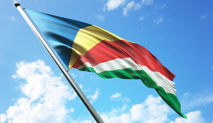 3D rendering illustration of the Seychelles flag with a blue sky background
