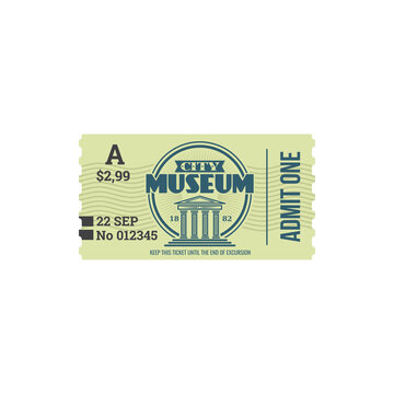 Full ticket to museum isolated retro paper card. Vector voucher access to history museum, single entry, building with columns. Invitation on excursion exhibition, admit one, mention of date price