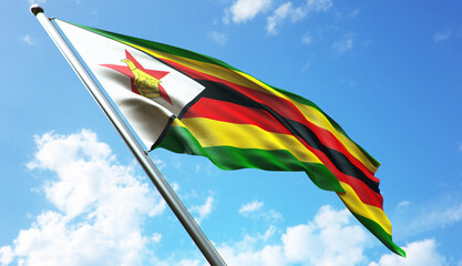 3D rendering illustration of the Zimbabwe flag with a blue sky background