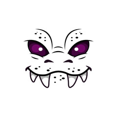 Monster face isolated vector icon, cartoon emotion. Cute Halloween creature emoji, funny dragon or wild animal with purple eyes and smiling muzzle with long teeth