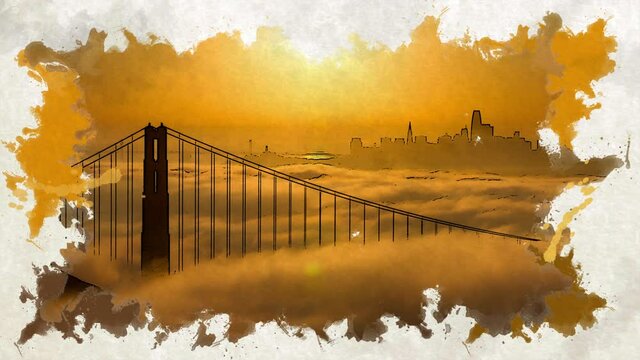 Golden Gate Bridge yellow sunrise landscape with watercolor reveal effect