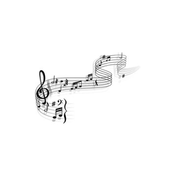 Notes on music sheet with treble clef isolated monochrome icon. Vector bass melody quaver or quarter swirls, jazz sound music sheet paper with shadow reflection. Song composing lines, melody element