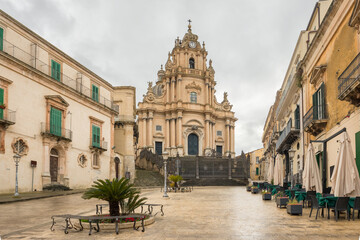 Fototapeta na wymiar The Duomo of San Giorgio church at empty Duomo square in Ragusa, Sicily