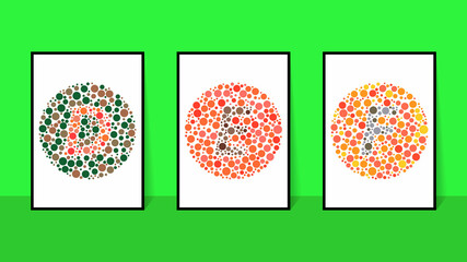 vector graphic of color blind Test. Ishihara Test daltonism color blindness disease perception test letter D, E and F blindness test set.