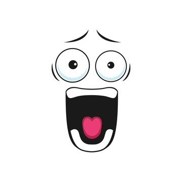 Loudly screaming emoji face, shocked emoticon in bad mood isolated scared  face expression. Vector frightened horror face expression crazy screaming  emoticon, shouting smiley with wide open mouth Stock Vector