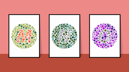 vector graphic of color blind Test. Ishihara Test daltonism color blindness disease perception test letter M, N and O blindness test set.