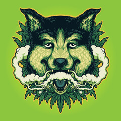 Wolf Weed Smoking Cannabis Clouds Vector illustrations for your work Logo, mascot merchandise t-shirt, stickers and Label designs, poster, greeting cards advertising business company or brands.