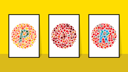 vector graphic of color blind Test. Ishihara Test daltonism color blindness disease perception test letter P, Q and R blindness test set.