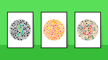 vector graphic of color blind Test. Ishihara Test daltonism color blindness disease perception test letter S, T and U blindness test set.