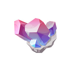 Crystal gem stone, gemstone jewel quartz rock vector isolated icon. Diamond crystal or mineral gems stone and ice of pink and blue glass, crystalline rock and jewelry rhinestone