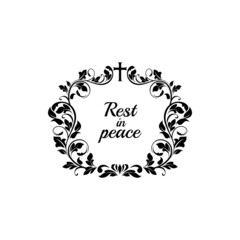 Funeral obituary flowers wreath, condolences and RIP floral ribbon, vector border frame. Funeral and death obituary Rest in Peace floral wreath with cross in frame border, death grief and memorial