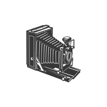 Unfolded vintage camera, photo-camera photography shooting and making retro device with foldable lens isolated monochrome icon. Vector folding photocamera photo shooting device old photo-camera