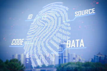 Fingerprint identification. Beautiful view of cityscape with modern buildings