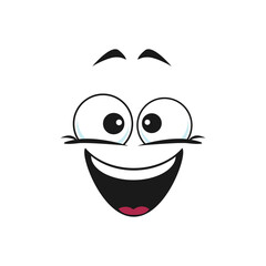 Happy emoji sticker, person chatbot in good mood isolated. Vector laughing head, world smile day symbol. Smiley with open mouth, funny emoticon. Satisfied emoji, support center bot avatar icon