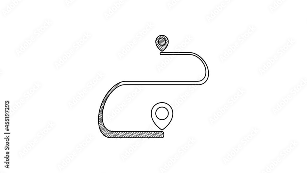 Poster black line route location icon isolated on white background. map pointer sign. concept of path or ro