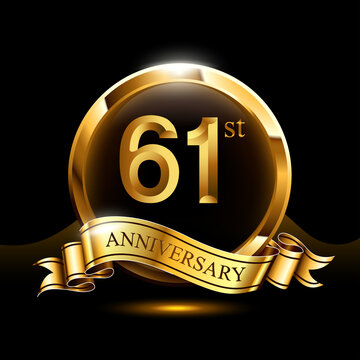 61 years golden anniversary logo celebration with firework and ribbon