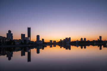 Sunset on a pond in the center of the city. Yekaterinburg, Russia