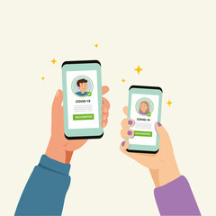 hand holding smartphone and show green certificate of vaccination, digital document of covid-19 vaccine