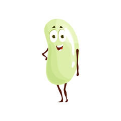 Vegetarian food bean flat cartoon character isolated healthy vegetable emoticon, organic nutrition seed emoji with kind face. Vector bean legume with head and eyes, hands and leg, comic superfood hero