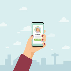hand holding phone and show digital document of covid-19 vaccine