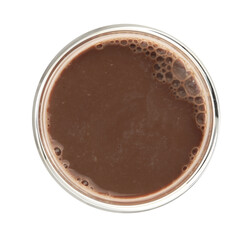 Delicious chocolate milk in glass isolated on white, top view