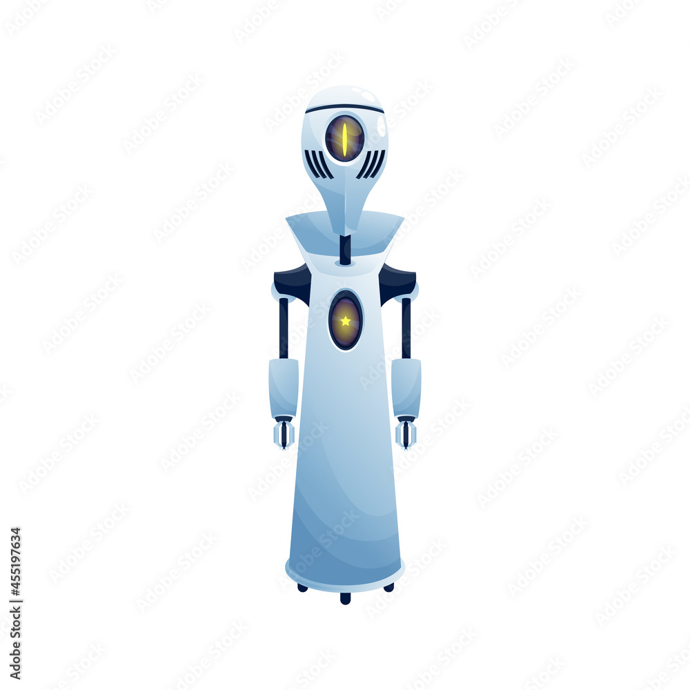 Poster artificial intelligence robot, friendly chatbot, ai helper with star on body display isolated realis