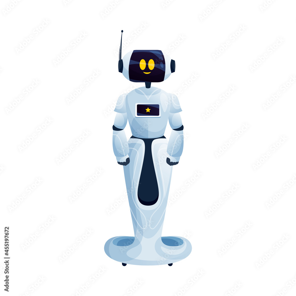 Leinwandbilder robot bionic man helper on moving stand, friendly helper with antenna on hand. vector electronic cyb