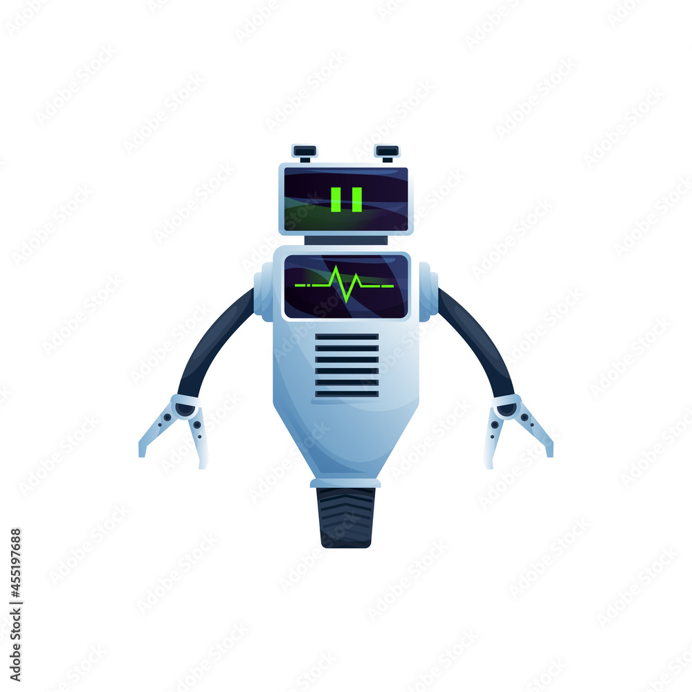 Aufkleber robot with two grabs on hands, moving on one wheel isolated futuristic character. vector friendly bo