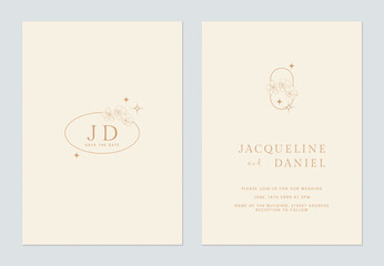 Minimalist floral wedding invitation card template, line art flowers on bright brown