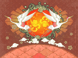 Japanese Scene Abstract Art Crane Flying on Red Gradient Sun with Water Splash Icon Floating Surrounded with Golden Clouds and Sharp Radiant on Curvy Bush Pattern Ground and Diamond Pattern Design