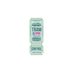 Vector tram ticket template isolated icon. City transport services ticket, data of use, numbered perforated ticket. Passenger boarding pass card on urban transportation, control cutting line