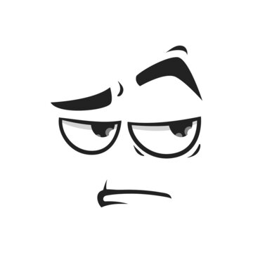 Cartoon face vector suspecting emoji with eyes look sullenly and closed mouth. Doubt facial expression, suspect funny feelings isolated on white background