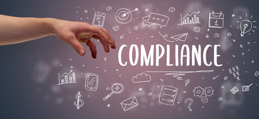 Close-Up of cropped hand pointing at business inscription