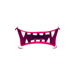 Fototapeta premium Monster mouth smile, vector vampire jaws with sharp fangs. Cartoon scary maw with long pointed teeth, laughing alien or beast isolated on white background