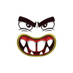 Monster face cartoon vector icon, stupid creature, creepy emotion with angry eyes and mouth with huge teeth. Halloween spooky emoji isolated on white background
