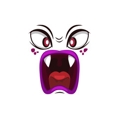 Monster face isolated vector icon, cartoon yelling emoji of angry demon, roaring devil with sharp fangs and red creepy eyes. Halloween spooky creature emotion isolated on white background