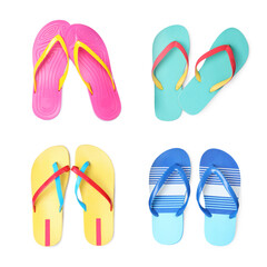 Set with different flip flops on white background, top view