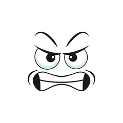 Wrathy sad emoticon with angry smile, social network chatting sign isolated icon. Vector grumpy sullen emoji, ireful or rageful smiley facial emotion. Irritated angry smiley in bad mood, rageful smile