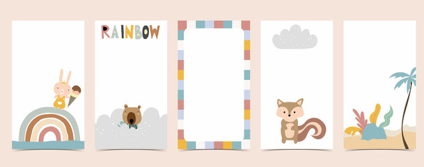 Cute background for social media.Set of story with rainbow,bear,tree