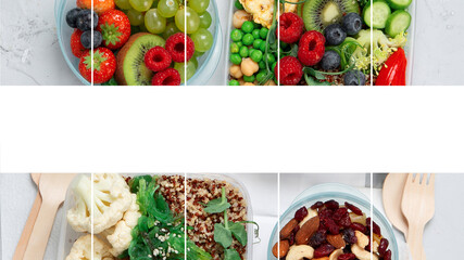 Collage of Takeaway lunch boxes with homemade nutrition food.