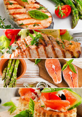 Collage of different salmon dishes.