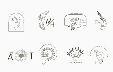 Line object collection with hand,magnolia,rose,lavender,crystal