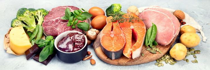 Food high in vitamin B2 on light background.