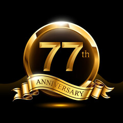 77 years golden anniversary logo celebration with firework and ribbon