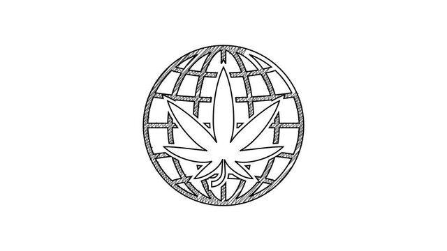 Black line Legalize marijuana or cannabis globe symbol icon isolated on white background. Hemp symbol. 4K Video motion graphic animation