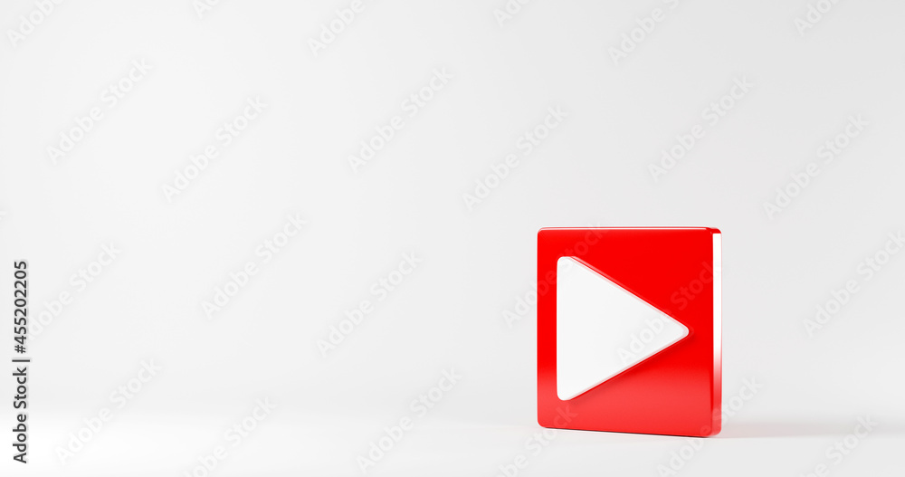Poster red play button video icon social media sign player symbol logo on white background for website desi