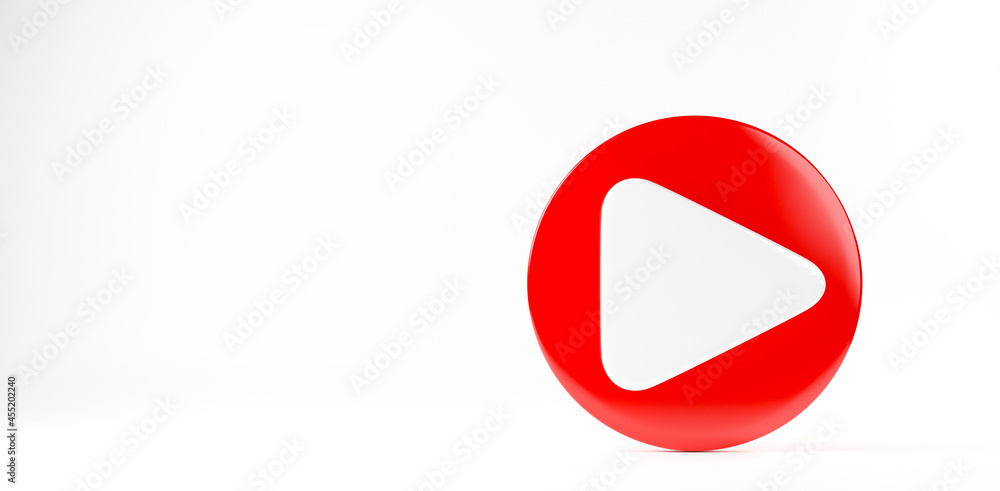 Poster red play button video icon social media sign player symbol logo on white background for website desi