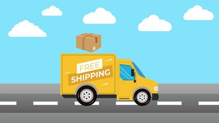 Free shipping service vector illustration. Cartoon running yellow delivery truck design. Free delivery services concept design. Delivery truck and box vector design. Free shipping design illustration.