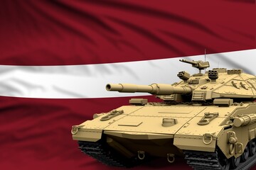 Heavy tank with fictional design on Latvia flag background - modern tank army forces concept, military 3D Illustration