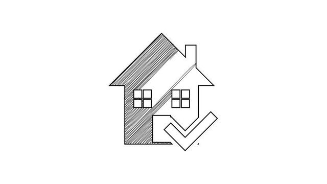 Black line House with check mark icon isolated on white background. Real estate agency or cottage town elite class. 4K Video motion graphic animation